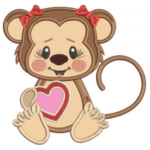 Cute Little Monkey With a Big Heart Applique Machine Embroidery Design Digitized Pattern